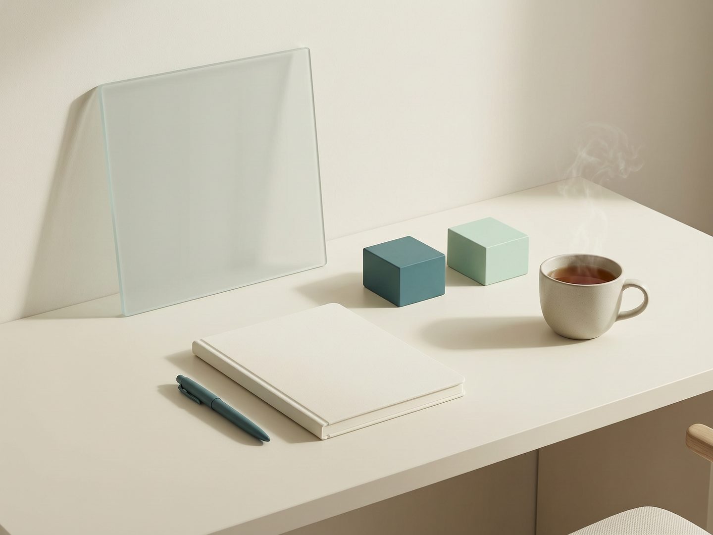 โต๊ะทำงานส่วนตัวโทนอบอุ่น มีสมุด ปากกา และโมดูลสี teal กับ mint วางเรียบง่าย
