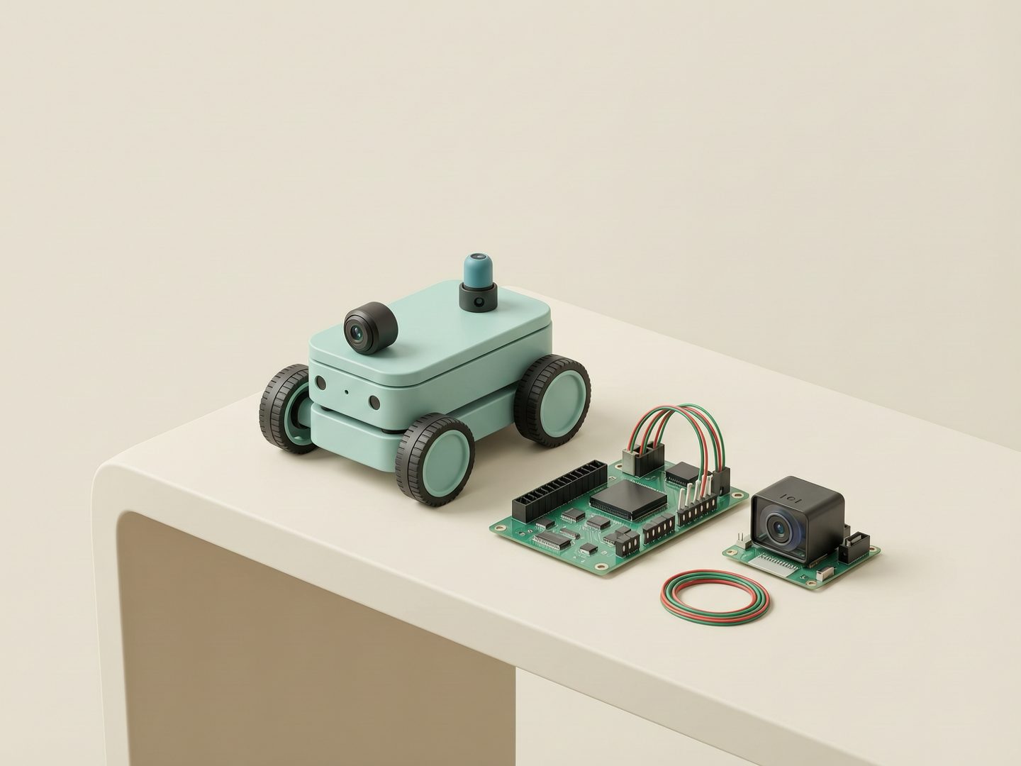 ภาพประกอบโต๊ะทดลอง Robotics ที่มีหุ่นยนต์ขนาดเล็ก เซนเซอร์ และบอร์ดควบคุม